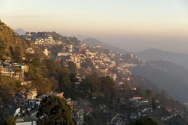 View south from Mussoorie in evening light on foothills of Garwhal Himalaya, Uttarakhand, India, Asia