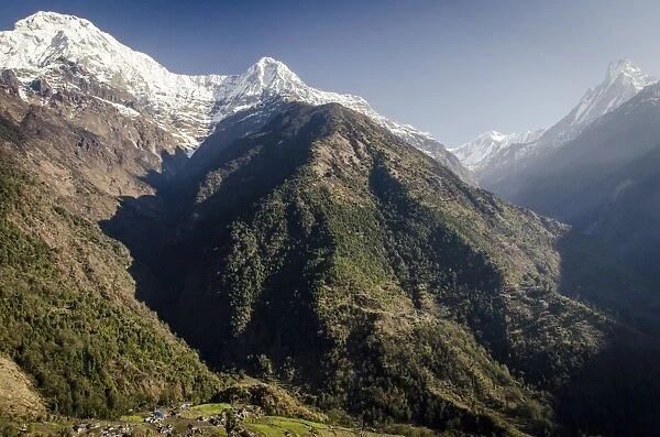 The view from Upper-Chomrong, around 2210m, with the peaks of Annapurna South, 7219m, Hiunchuli, 6441m and Machhapuchhare, 6993m, in the background, Annapurna Conservation Area, Nepal, Himalayas, Asia