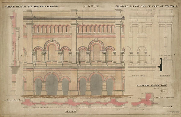 London Bridge Station. London Brighton and South Coast Railway. London Bridge Station Enlargement - enlaged elevations of part of SW wall - external elevations. 1862