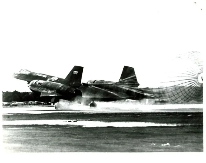 : Print of Lockheed SR-71 landing with parachute : Print of Lockheed SR-71 landing with parachute