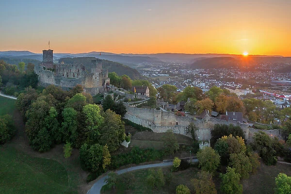 Aerial view at the Castle ruin Rotteln near Lorrach at sunrise, Southern Black Forest, Baden-Wurttemberg, Germany