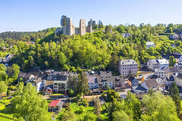 Aerial view on Schonecken with castle, Eifel, Rhineland-Palatinate, Germany