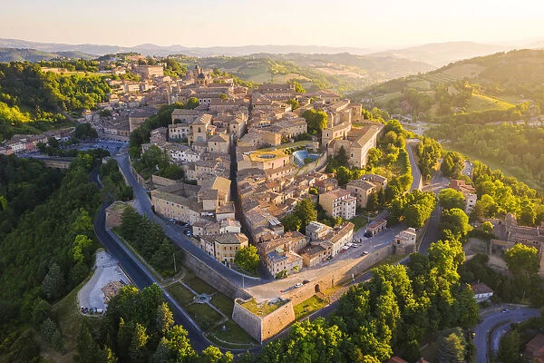 Aerial view of Urbino at sunrise. Urbino, Marche, Italy, Europe