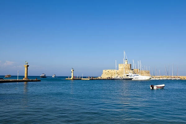 Agios Nikolaos Lighthouse & entrance to Mandraki Harbour, Rhodes Town, Rhodes, Greece