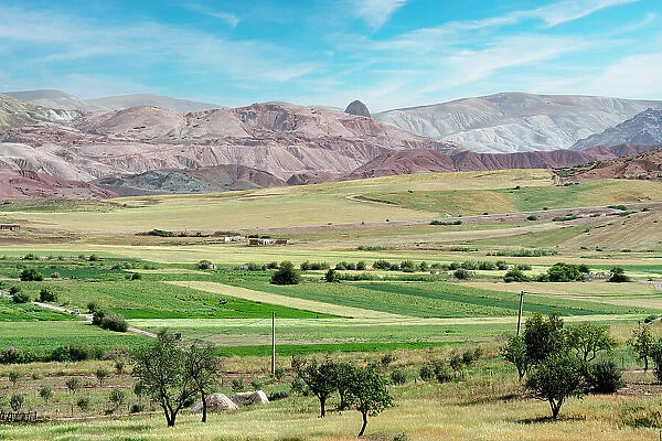 Agricultural fields in the green valley with Rif mountain range on background, Morocco, North Africa