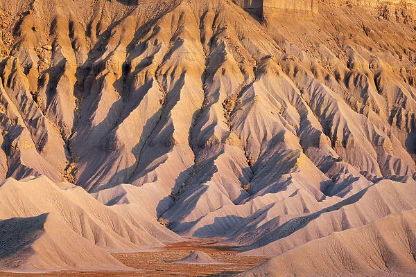 Detail of badlands at South Caineville Mesa at sunset, Caineville, Utah