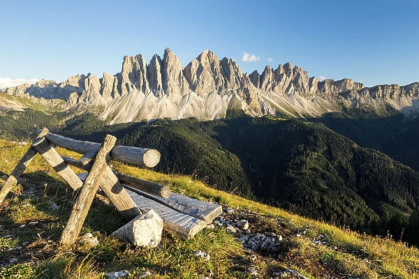 Bench in front of Odle range, Funes Valley, Trentino Alto Adige, Italy, Europe