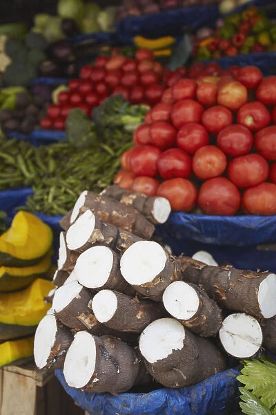Cassava and vegetables at market, Sucre (UNESCO World Heritage Site), Bolivia