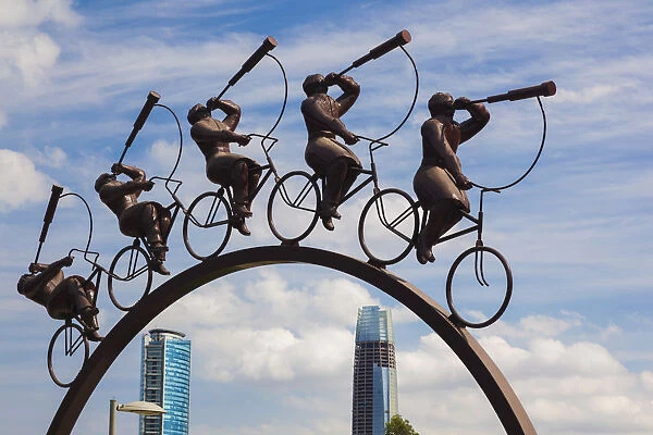 Chile, Santiago, Vitacura area, Parque Bicentenario park, bicyclist sculpture