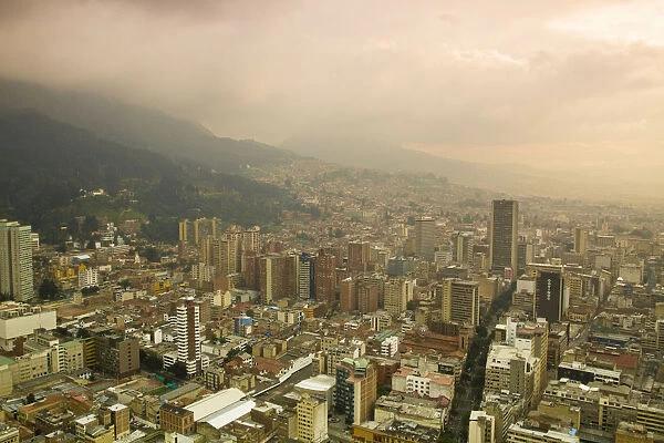 Colombia, Bogota, View of Central Bogota at dusk