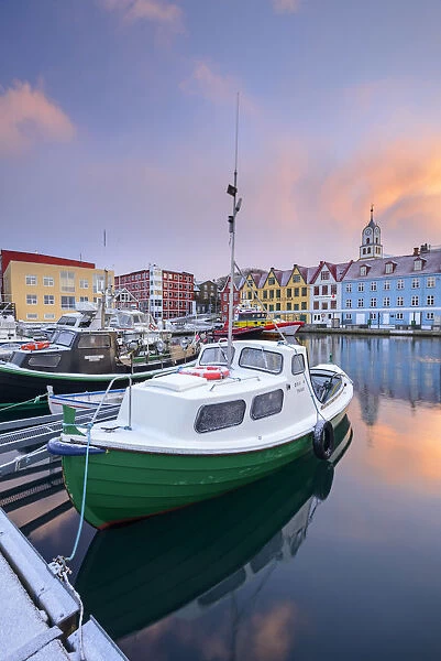 Colourful boats and buildings in Taorshavn harbour, Faroe Islands, Denmark, Europe