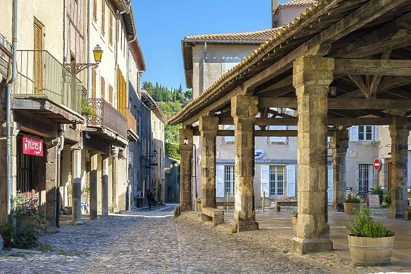 Covered market hall on main square of Lagrasse, Aude Department, Languedoc-Roussillon