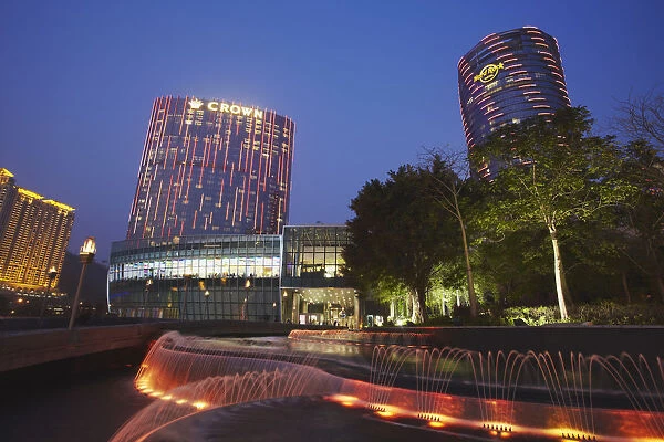 Crown Towers and Hard Rock Hotels at dusk, City of Dreams, Cotai Strip, Macau, China