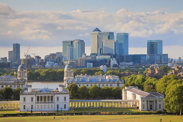 England, London, Greenwhich, Old Royal Naval College and Canary Wharf beyond