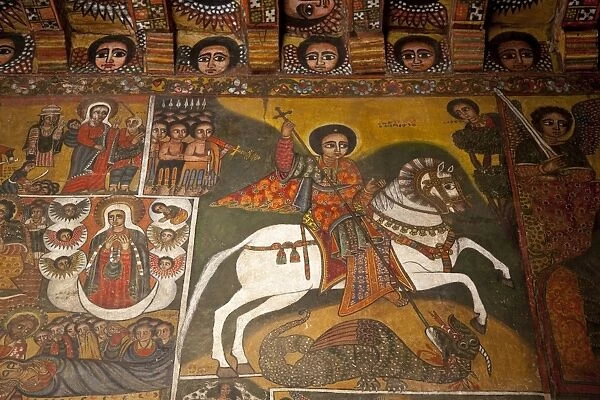 Ethiopia, Gondar, Debre Birhan Selassie Church. Ancient paintings adorn the interior of this famous church