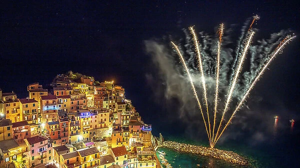 europe, Italy, Liguria, Manarola, Cinque Terre. Fire works on the village's holiday San Lorenzo