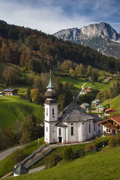 Germany, Bavaria, Maria Gern, Maria Gern village church, elevated view, fall