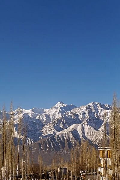 India, Ladakh, Leh. Stok Kangri Peak from Leh. Stok Kangri is the highest mountain in the Stok Range in the Himalayas, in the Ladakh region of North