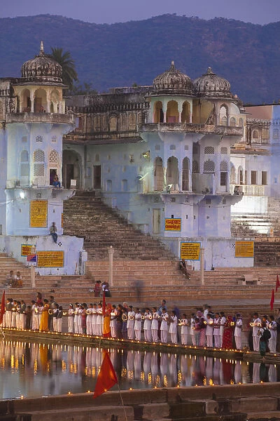 India, Rajasthan, Pushkar, lakeside ceremony during Pushkar Camel Fair