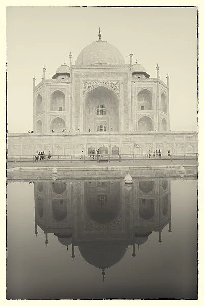 India, Uttar Pradesh, Agra, black and white of the Taj Mahal reflected in one of