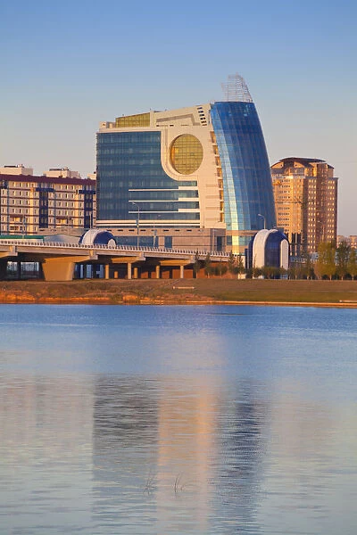 Kazakhstan, Astana, View of bridge on Kaldayakov St and city skyline