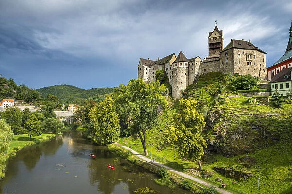 Loket Castle and kayakers on Ohre river, Loket, Sokolov District, Karlovy Vary Region