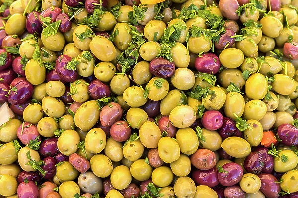 Olives displayed at market stall, Skoura, Morocco