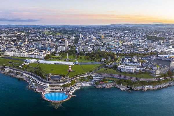 Plymouth, city skyline, Hoe park and lighthouse, Plymouth Sound, Devon, England