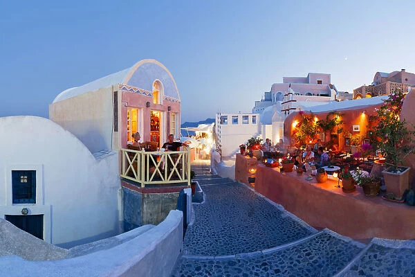 Restaurants in the village of Oia (La), Santorini (Thira), Cyclades Islands, Aegean Sea