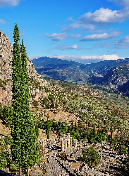The Temple of Apollo and Pleistos River Valley, elevated view, Delphi, Phocis, Greece
