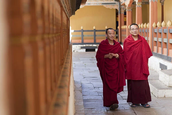 Thimpu, Bhutan. Monks at the Simtokha Dzong. Built in 1629 by Zhabdrung Ngawang Namgyal