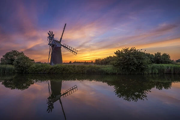 Turf Fen Mill at Sunset, How Hill, Norfolk, England
