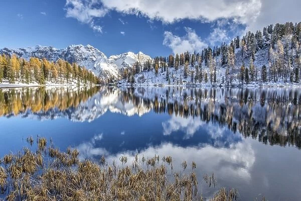 The still water of Lake Malghette reflecting the Brenta Dolomites peaks in autumn