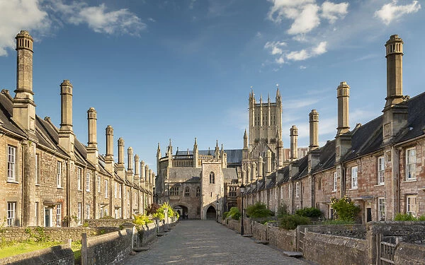 Wells Cathedral rising above Vicars Close in the city of Wells, Somerset, England
