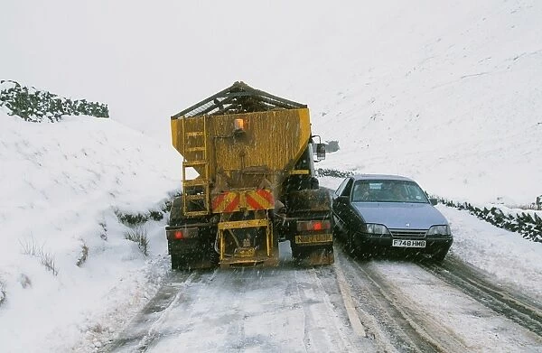 A snow plough on Kirkstone Pass in the Lake District UK