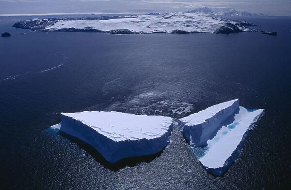 10005254. ANTARCTICA Deception Island Aerial view of icebergs off the island