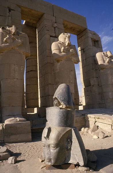 10076527. EGYPT Luxor Osirid columns in front of temple with head of statue on ground