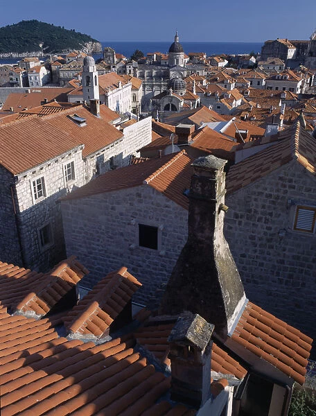 CROATIA, Dalmatia, Dubrovnik Elevated view over terracotta roof tops towards the