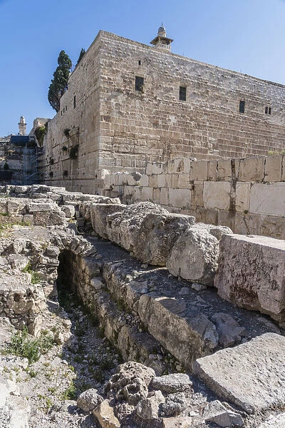 Ruins of ancient Jerusalem in the Jerusalem Archeological Park below the Temple Mount in