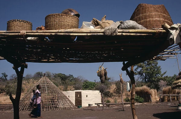 SENEGAL Family enclosure with circular hut beside frame of roof