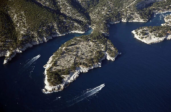 An aerial view shows the Calanques National Park near Marseille