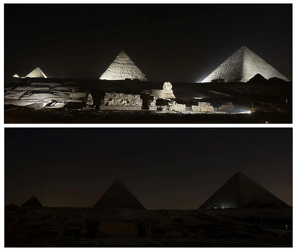 A combination of pictures shows the great Giza pyramids and the Sphinx before (top