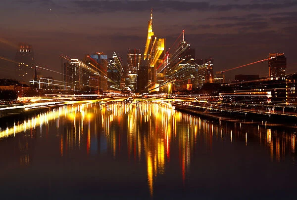 The Frankfurt skyline with its financial district is photographed on early evening in