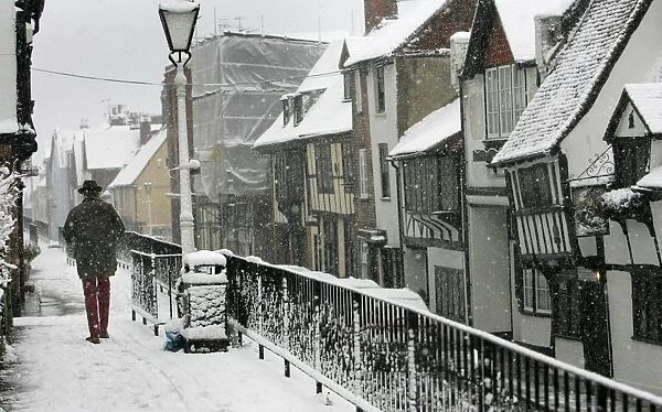 Man braves wintry conditions in Old Hastings in Sussex southern England