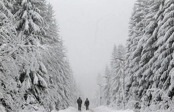 People walk under heavy snowfall near the eastern German town of Altenberg