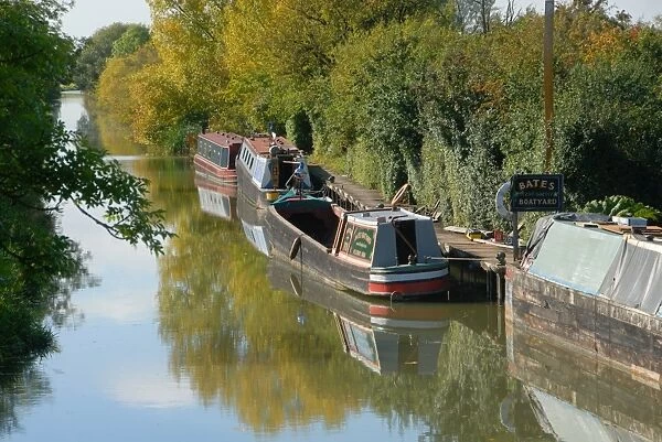Narrowboats moored at boatyard on canal, Aylesbury Arm, Grand Union Canal, near Puttenham, Hertfordshire, England