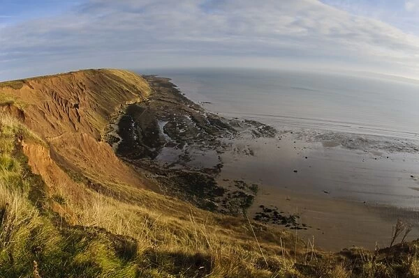 View of rocky coastline, cliffs and sea, looking from clifftop at Filey Country Park, Filey Brigg, North Yorkshire