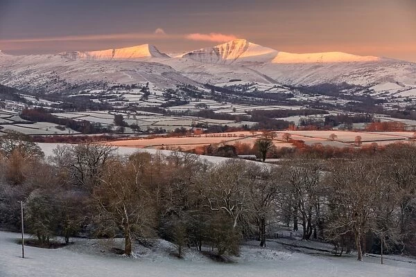 View of snow covered farmland and hills at sunrise, near Llangorse (Talyllyn), Penyfan, Brecon Beacons N. P