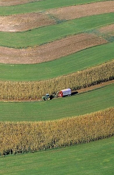 Aerial view of contour strip farming corn harvest in Southwest Wisconsin