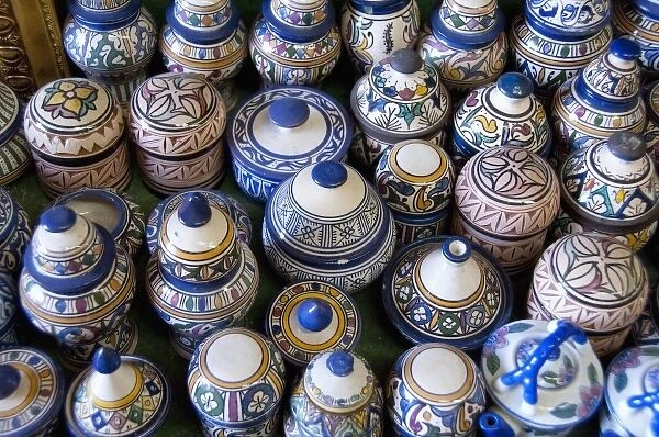 Africa, Morocco, Casablanca. Traditional handicraft market. Hand painted souvenir ceramics